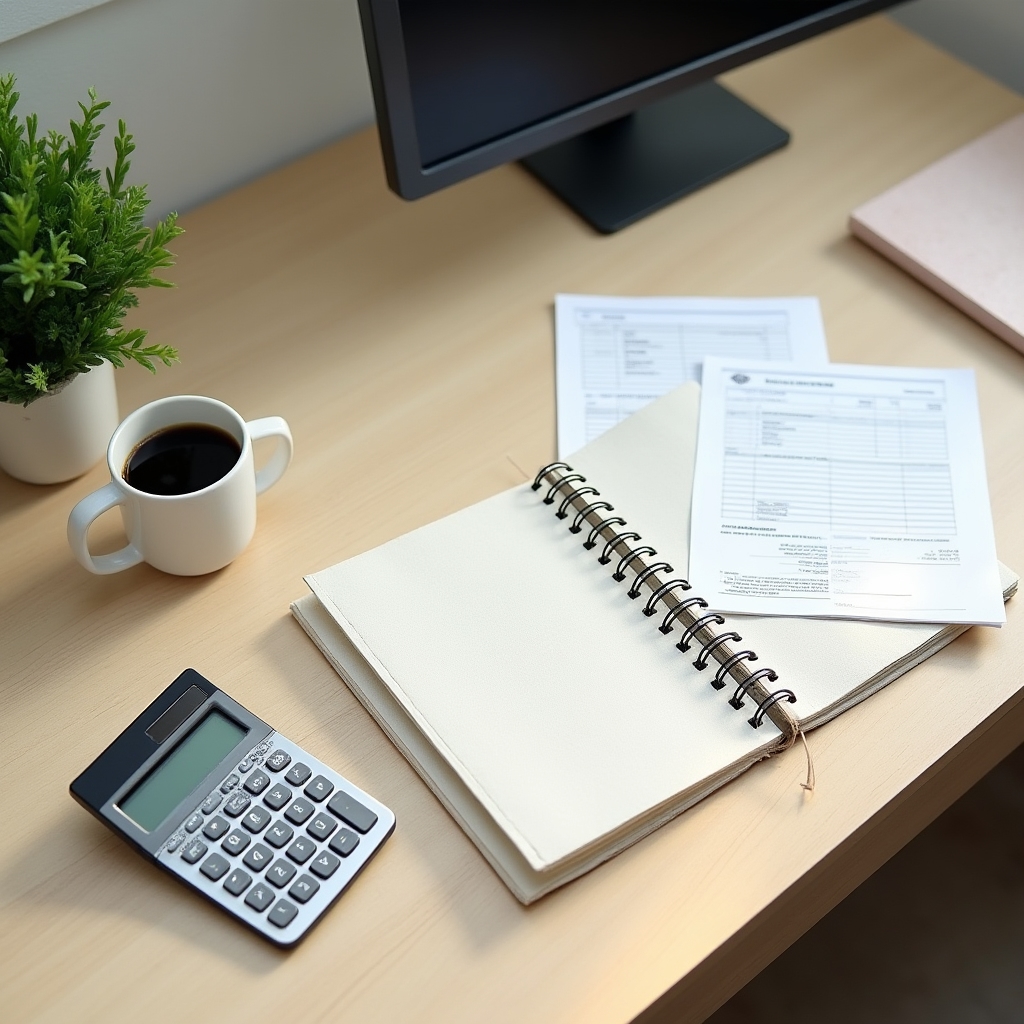 Budgeting workspace with notebook, calculator, and financial templates spread on a desk