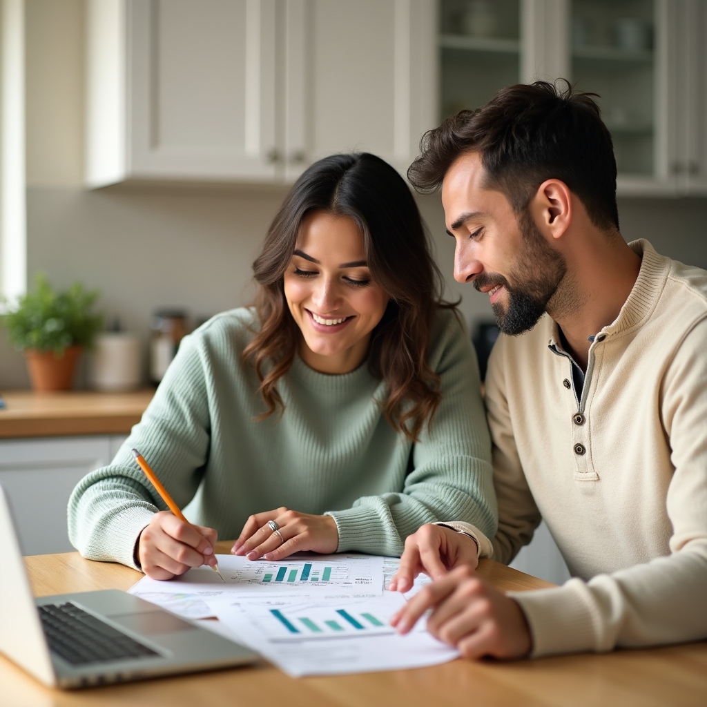A couple in their thirties sitting at a kitchen table, reviewing a printed budget sheet together, relaxed and focused