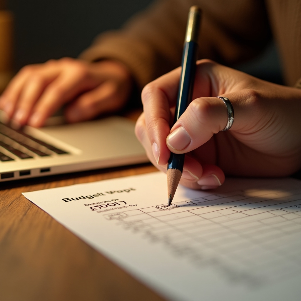 Close-up of a person's hands filling in a budget exercise worksheet with a pencil, warm indoor lighting, shallow depth of field