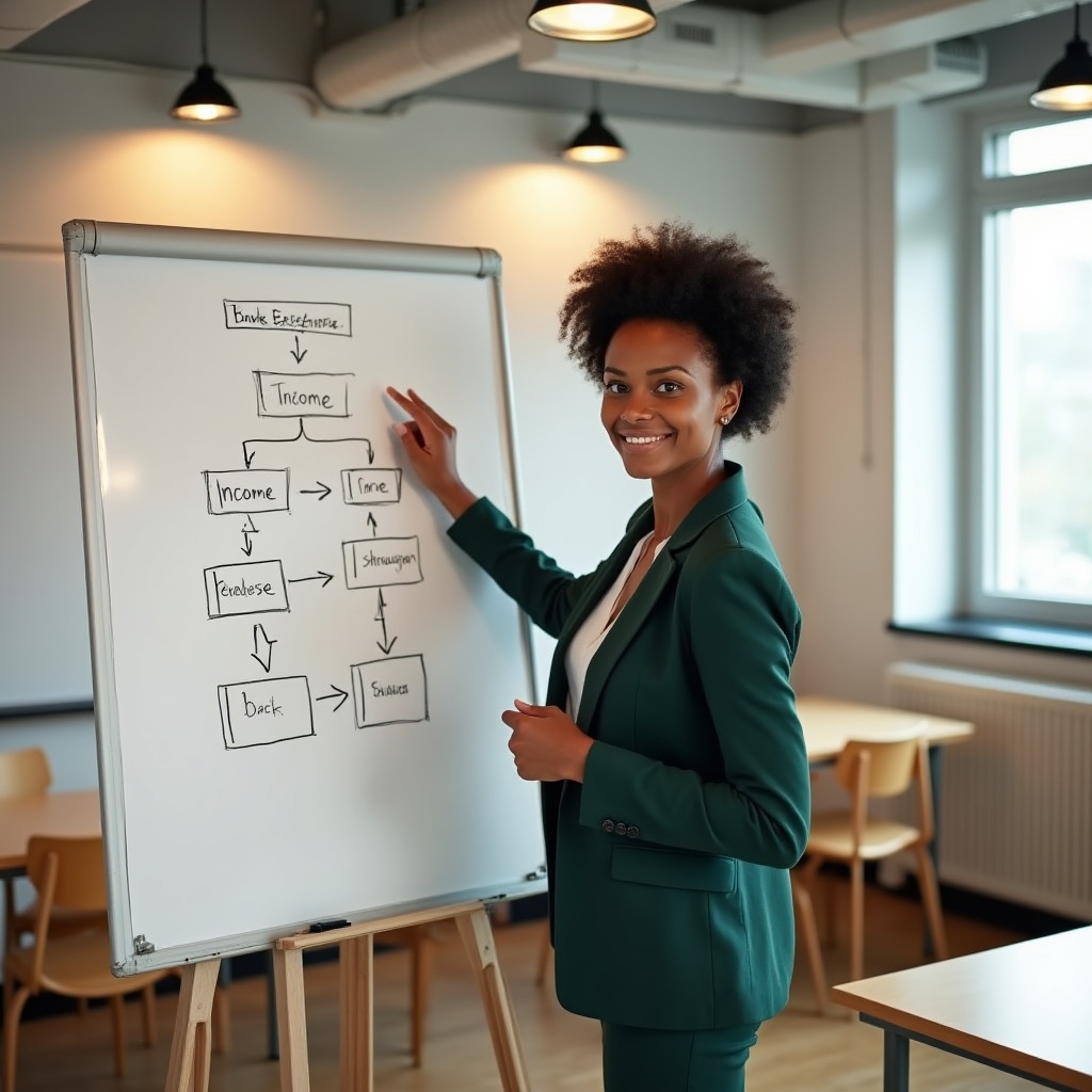 An instructor in their mid-thirties pointing at a budget chart on a whiteboard, explaining concepts in a warm, well-lit classroom setting
