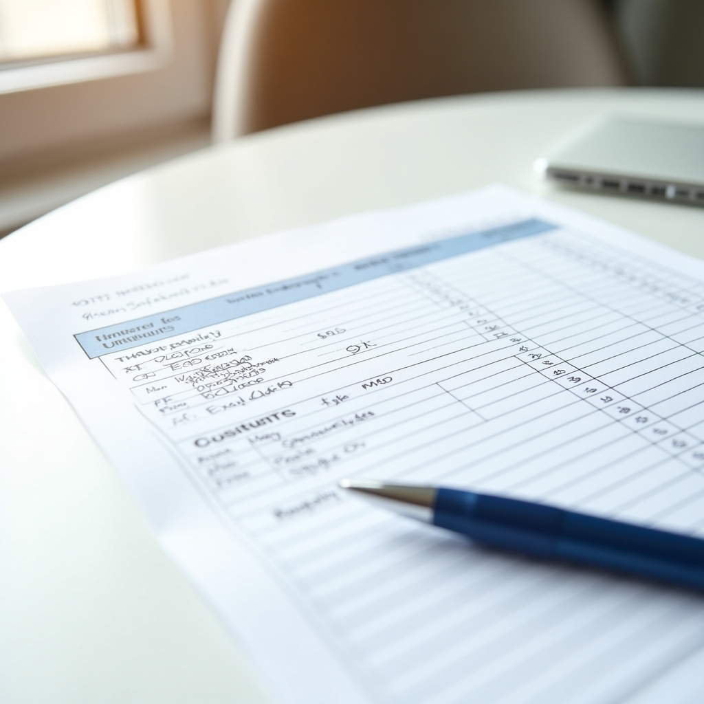 A printed household budget template on a clean white desk with a pen resting beside it, soft natural light from the left