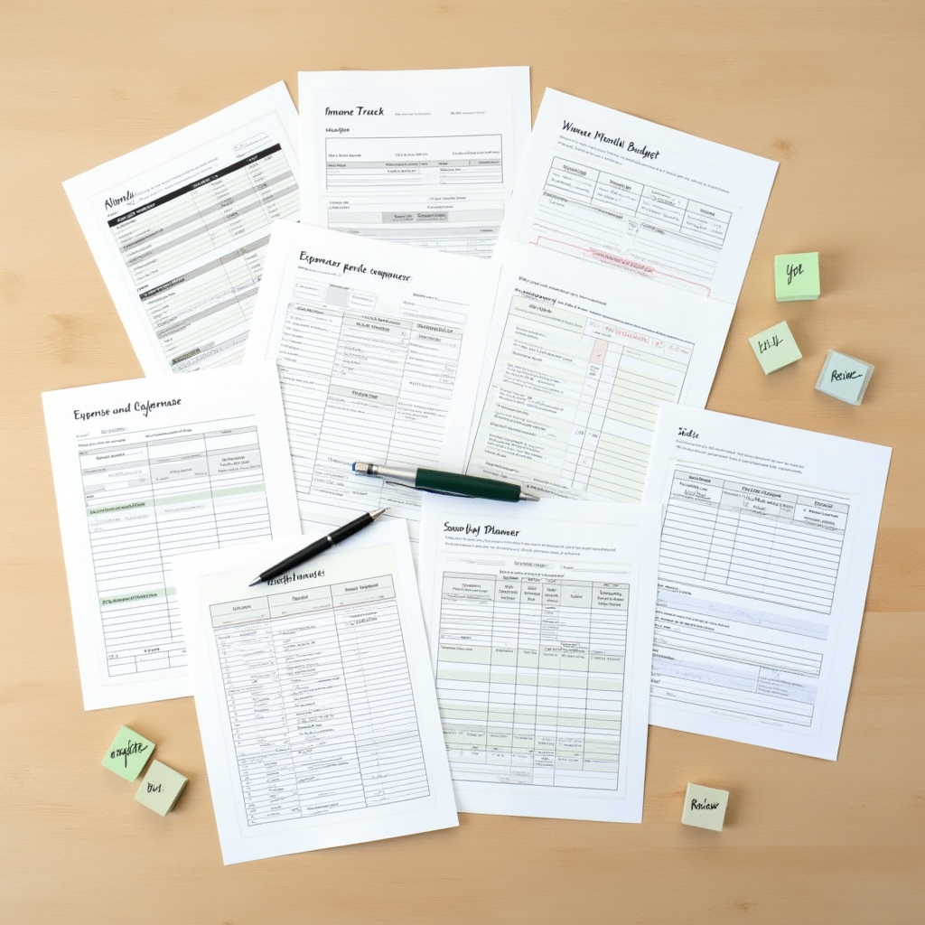 A collection of printed budget templates spread across a light wooden table, showing the interconnected system of forms used in the workshop